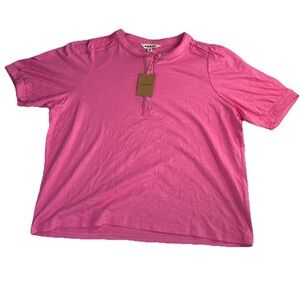 Boden Pink Pintuck Puff  Short Sleeve Henley Cotton T-Shirt Women Size 16-18